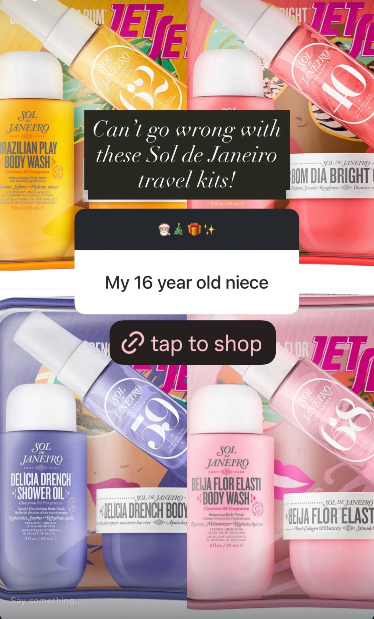 Easy teen win! These Sol de Janeiro travel sets always feel special and smell amazing — such a cute little gift for your glam-loving teens. 

Tap to explore 💛✨

• teen gift ideas • beauty gift sets • Sol de Janeiro travel • stocking stuffers for teens • skincare gifts

#LTKGiftGuide #LTKFindsUnder50 #LTKKids