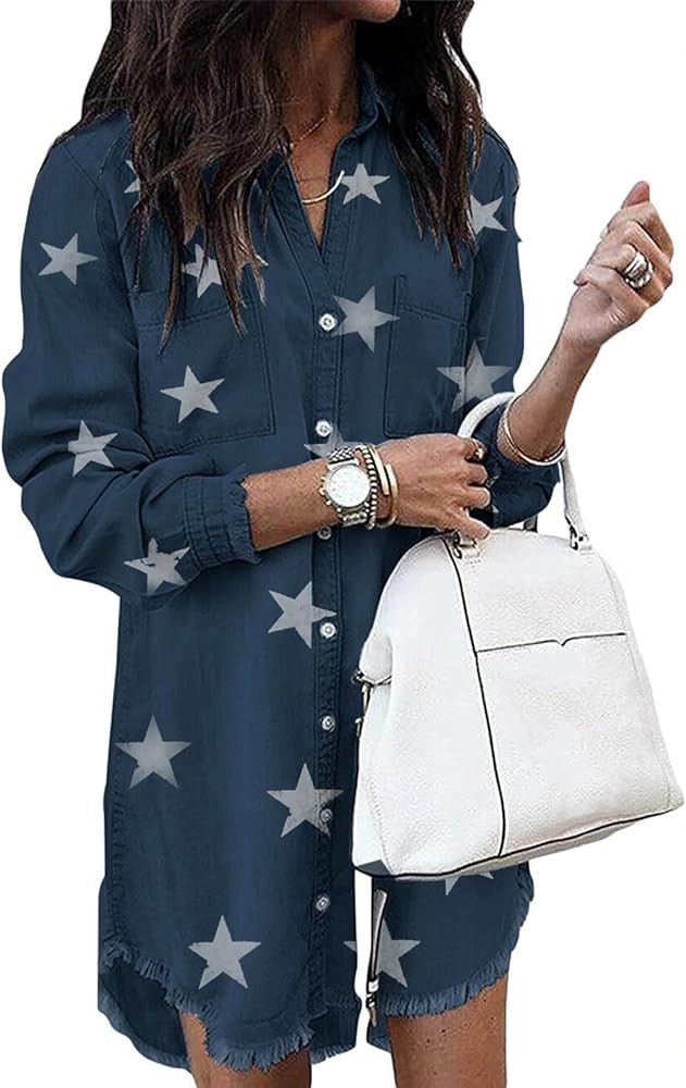 Zilcremo Women Denim Shirt Dresses Long Sleeve Distressed Jean Dress Button Down Casual Tunic Top | Amazon (US)