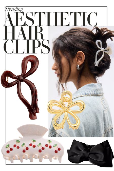 Aesthetic hair clips are trending 🎀
Bow hair clip | flower hair | metal gold | Cherry diamanté embossed claw clip | Flower | Black bow clip | Spring Easter hairstyles 

#LTKstyletip #LTKU #LTKbeauty
