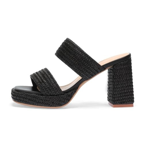 Monrovia Raffia Chunky Platform Heels for Women, Double Strap Square Open Toe Slip On Heels - Casual Beach Summer Heeled Sandals Black Size 6 | Amazon (US)