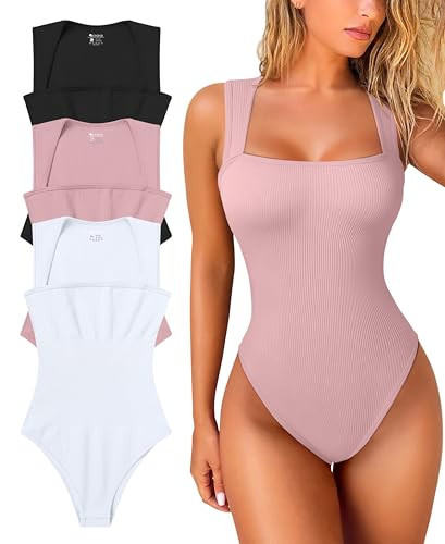 OQQ Women's 3 Piece Bodysuits Sexy Ribbed Strappy Square Neck Sleeveless Tummy Control Tank Tops Bodysuits Black Hide pink White | Amazon (US)