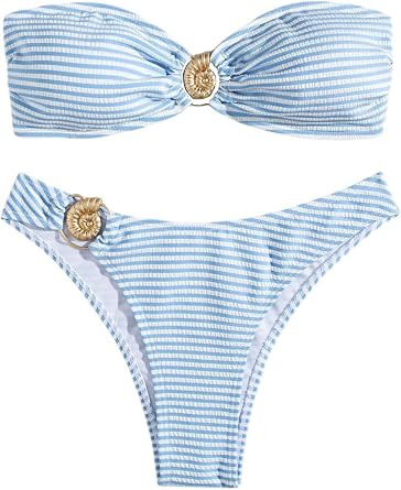 Women's 2 Piece Strapless Striped Bikini Sets Tie Backless Bandeau Bra Bathing Suit Boho Swimsuit | Amazon (US)