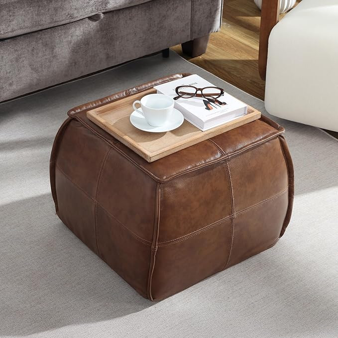 Leather Ottoman,Handmade Stuffed Square Ottoman,Genuine Leather Pouf, Foot Rest Pouf,Comfortable ... | Amazon (US)