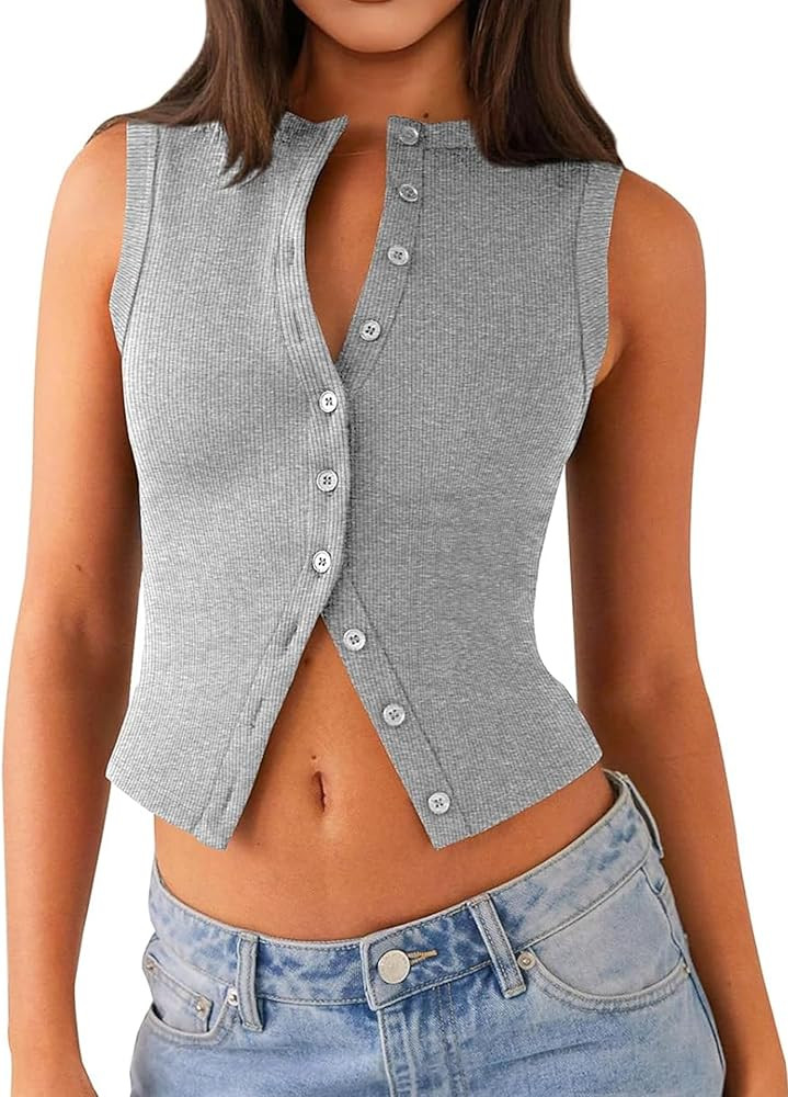 Womens Going Out Tops Summer Spring Ribbed Tank Sexy Crop Cute Y2K Button Down T Shirts Fashion C... | Amazon (US)