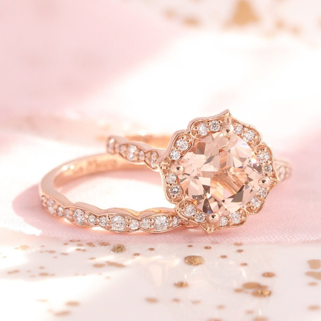 Bridal Set Vintage Floral Morganite Engagement Ring and Scalloped Diamond Wedding Band in 14k Ros... | Etsy (US)