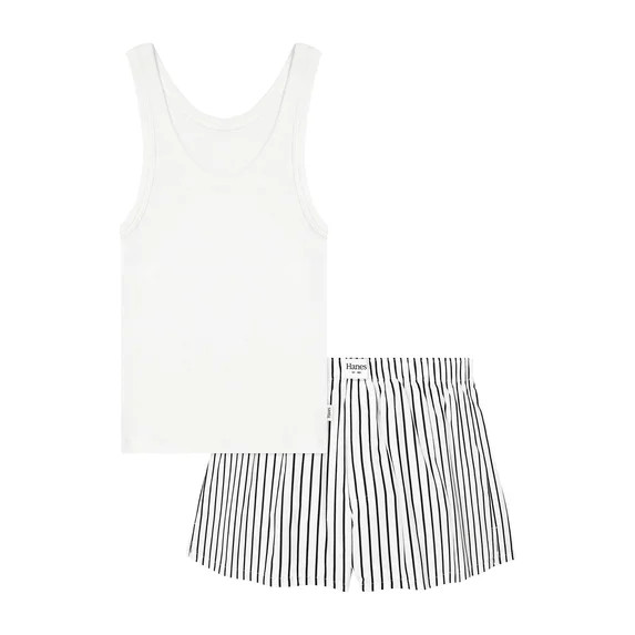 Hanes Originals Women's Comfywear Pajama Set, Sleep Top & Woven Shorts, Loungewear White/Black St... | Walmart (US)