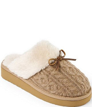Minnetonka Flurry Cable Knit Bow Faux Fur Lined Scuffs | Dillard's | Dillard's
