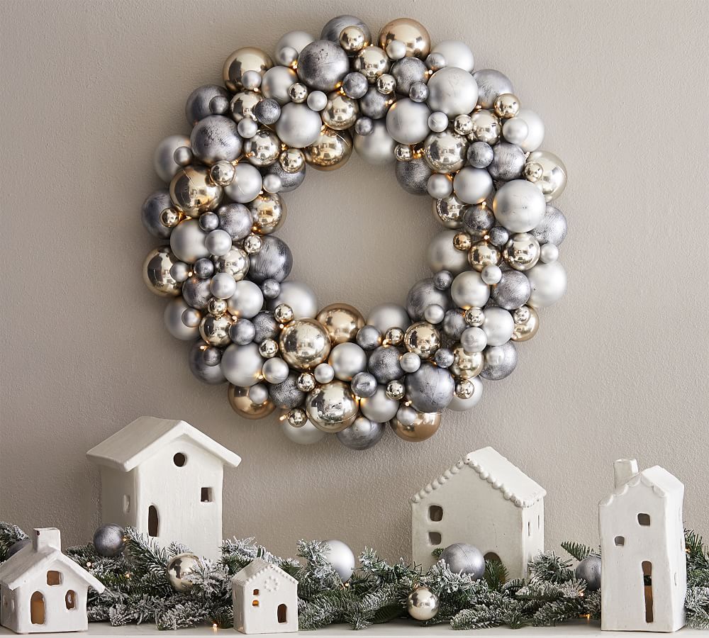 Pre-Lit Faux Frosted Pine and Ornament Wreath &amp; Garland | Pottery Barn (US)