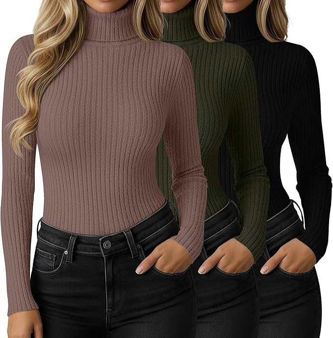 3 Pack Womens Turtleneck Sweaters, Knit Long Sleeve Ribbed Fitted Shirts Casual Warm Pullover Top... | Amazon (US)