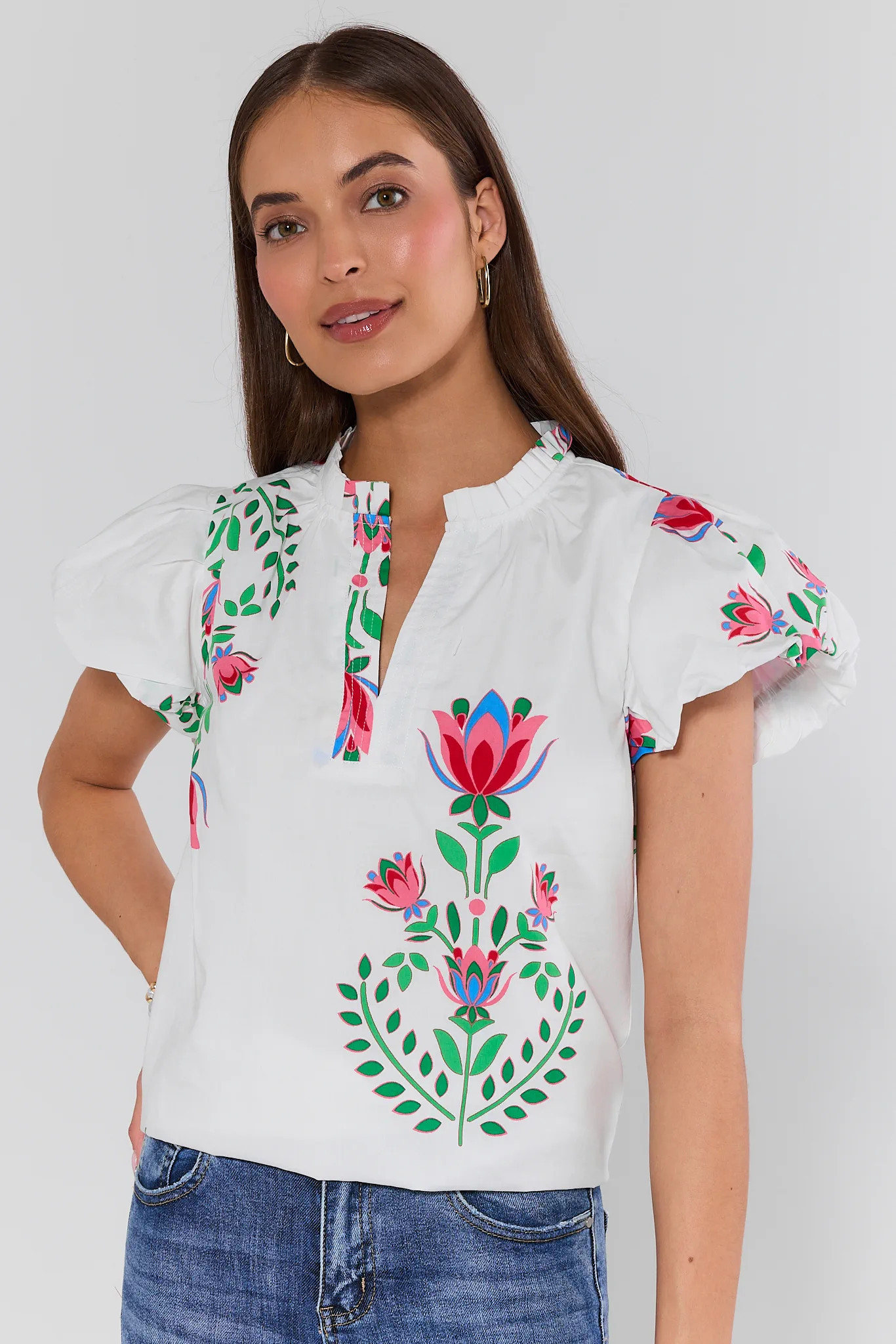 White Floral Puff Sleeve Top | Avara