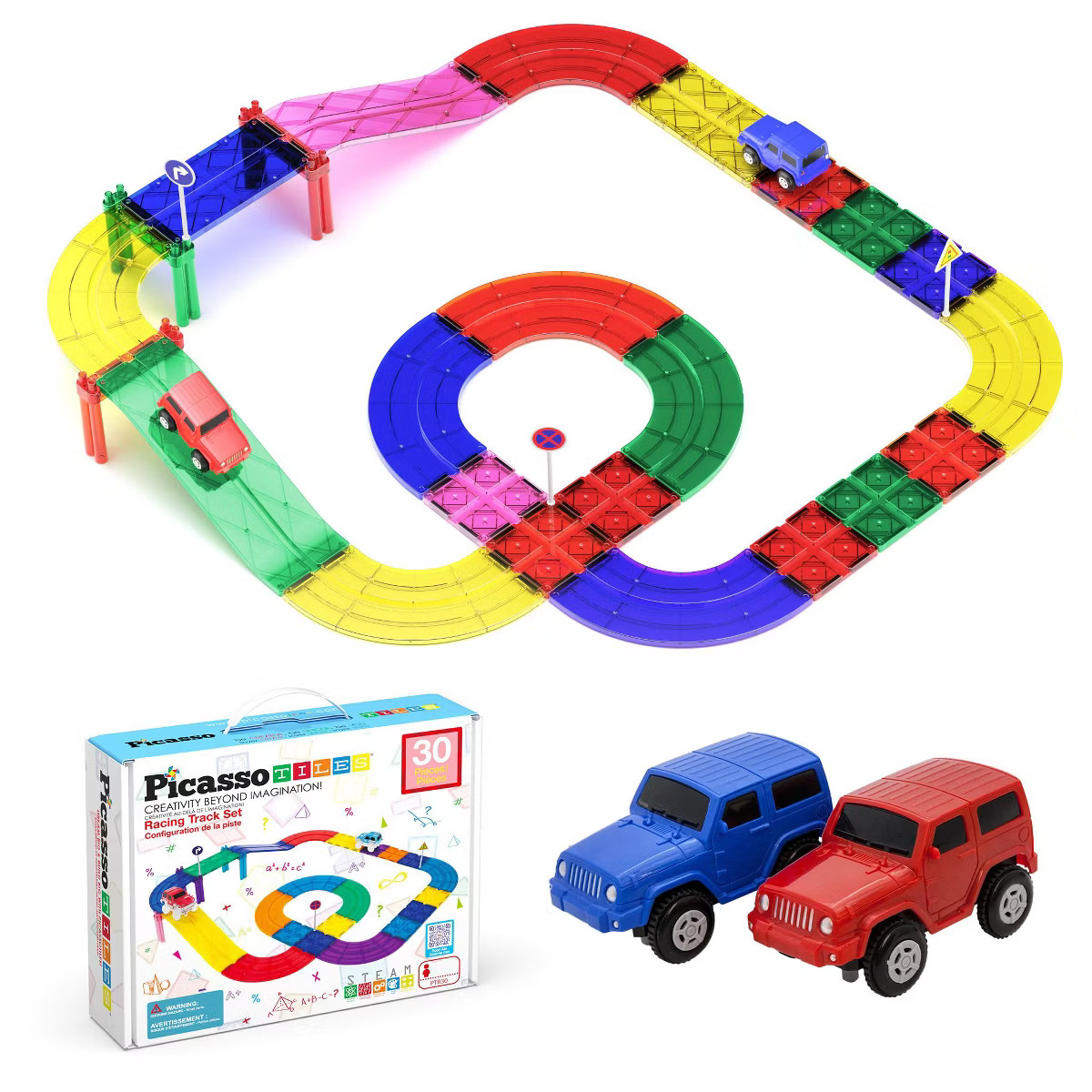 PICASSO-TILES Race Track Magnetic Tiles for Kids with 2 Racing Cars – 30PCS STEM Construction B... | Target
