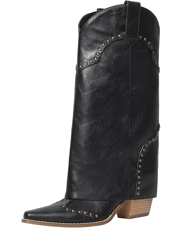 Women Shark Boots Fold Over Mid Calf Chunky Heel Snip Toe Cowboy Cowgirl Pull On Studded Boots fo... | Amazon (US)