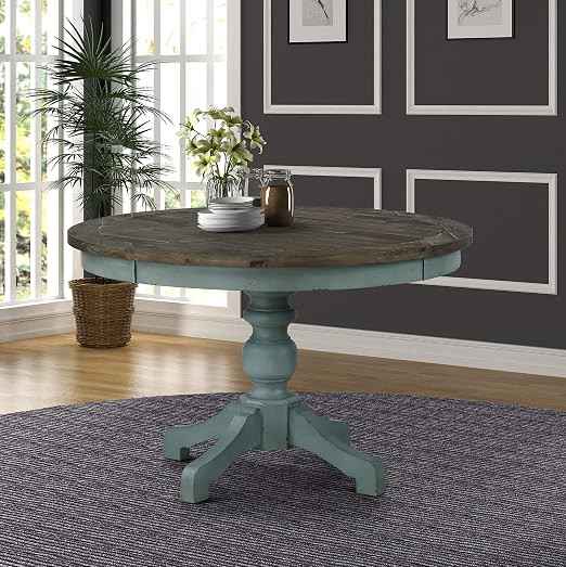 Roundhill Furniture Prato Round Two-Tone Finish Wood Dining Table, Blue and Brown | Amazon (US)