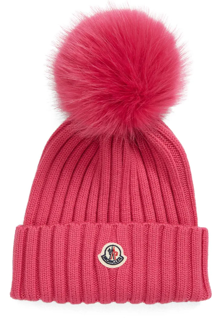 Moncler Wool Rib Beanie with Faux Fur Pompom | Nordstrom | Nordstrom