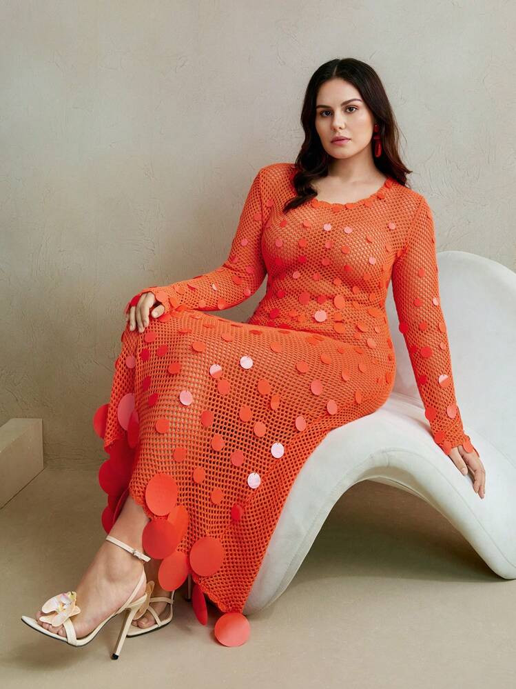 Anewsta Women's Red Sequined Crochet Long-Sleeve Dress Plus Size | SHEIN