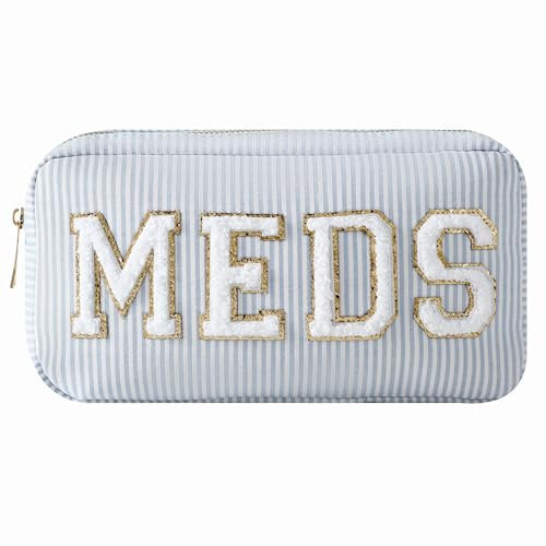 uekeboag Seersucker Chenille Letter Stuff Meds RX Makeup Bag, Travel Washable Purse Organizer with Zipper, Lightweight Toiletry Cute Personalized Preppy Cosmetic Bag For Women and Girls(03Blue Meds) | Amazon (US)