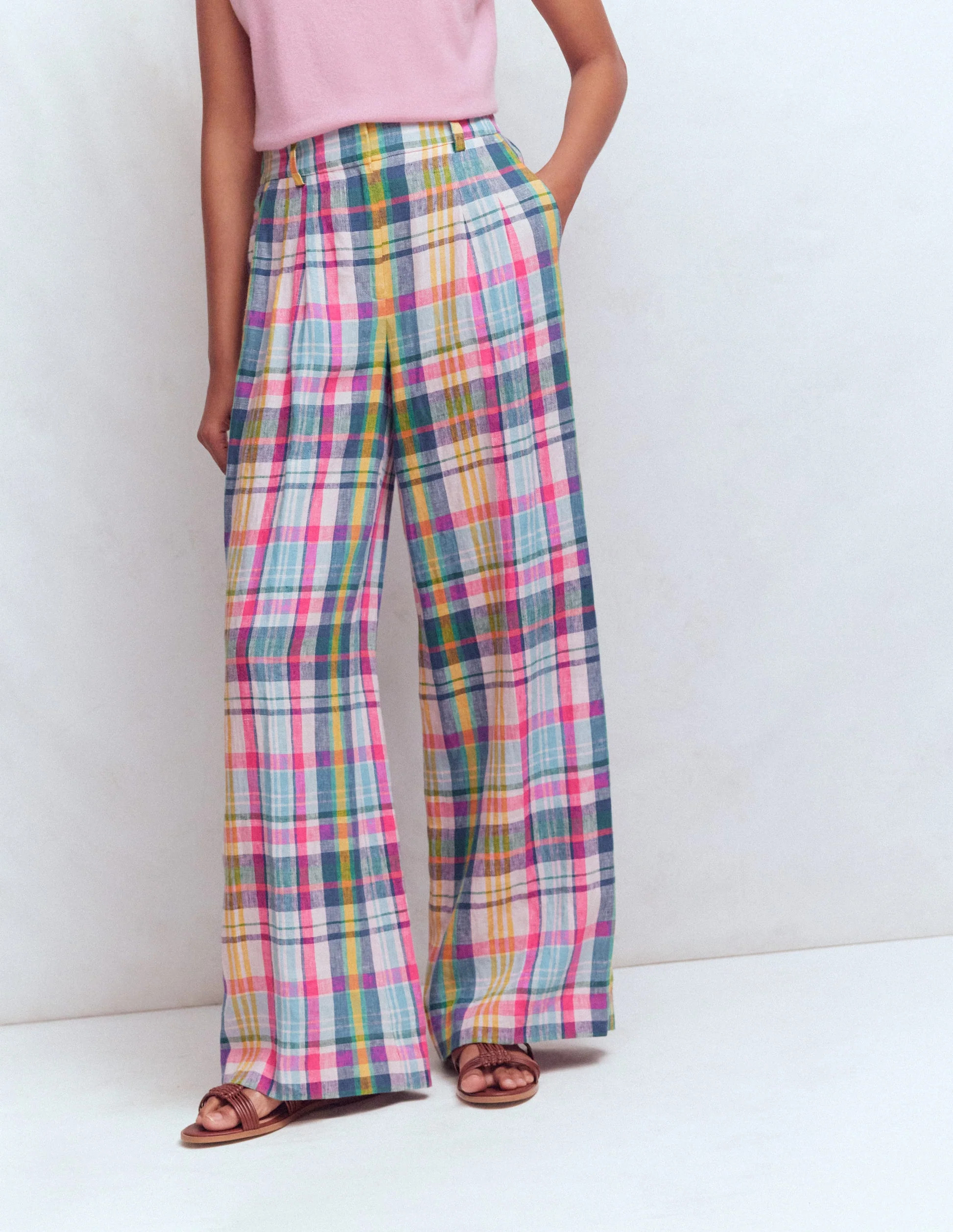 Kensington Linen Pants-Blue, Pink and Green Madras | Boden (US)