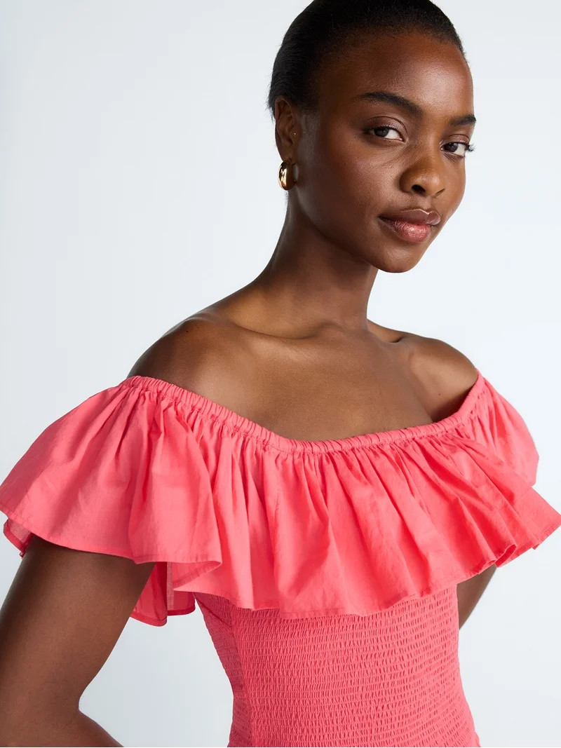 Scoop Women’s and Women’s Plus Off-the-Shoulder Smocked Ruffle Cotton Top, Sizes XS-4X | Walmart (US)