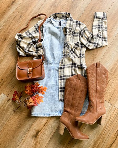 Fall outfit. Country concert outfit. Denim dress. Flannel. Cowboy boots. Debut Taylor swift outfit. 

#LTKSeasonal #LTKsalealert #LTKSale
