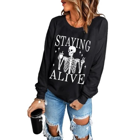 Spooky Halloween Sweatshirt with Skull Graphic Design - Black | [ZhiHiMeRi] | (US 12-14)L | Walmart (US)