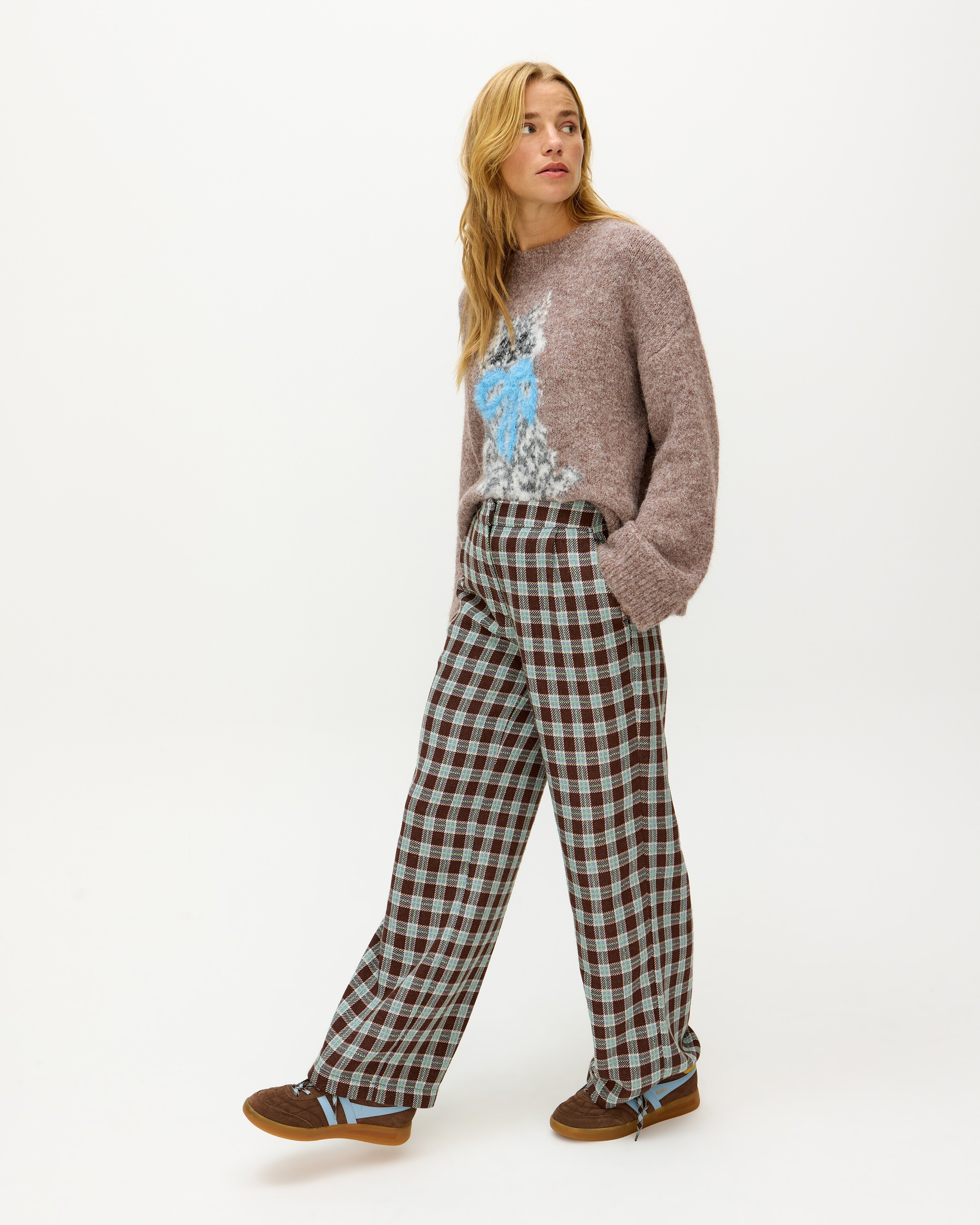 Chocolate Brown & Blue Checked Wide Leg Trousers, size 18 | Oliver Bonas (Global)