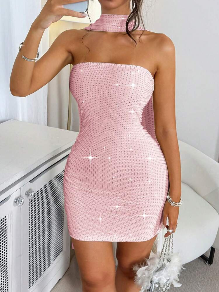 Unadoll Women's Sexy Strapless Bodycon Dress With Scarf Decor, Suitable For Cocktail Party, Birthday, Graduation, Music Festival, Valentine's Day, Party And Other Occasions Wedding Pink Spring | SHEIN
