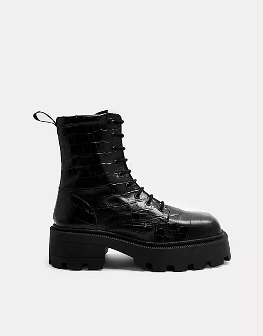 Topshop square toe leather chunky lace up crocodile boots in black | ASOS (Global)