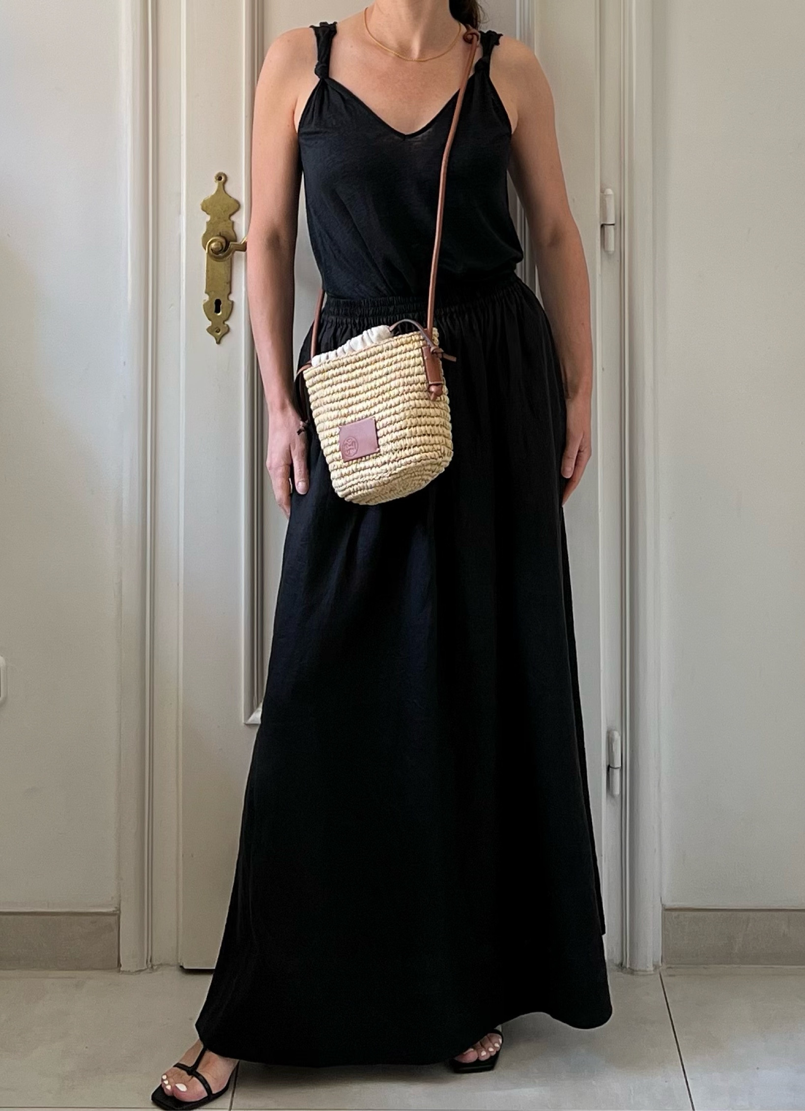 bBack linen outfit, black skirt, maxi skirt, straw bag, bucket bag, summer bag, crossbody bag, leather heels, black top, linen top, black cami top

#LTKsummer #LTKbag #LTKstyletip