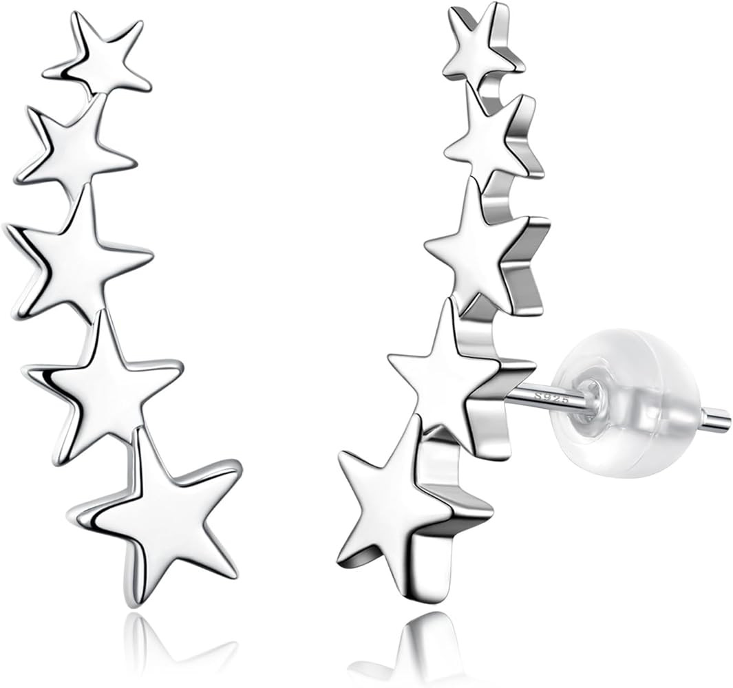 Aretes Trepadores de Plata de Ley 925 Hoja Estrella Coraz\u00f3n Aretes Escaladores Hipoalerg\u00... | Amazon (US)