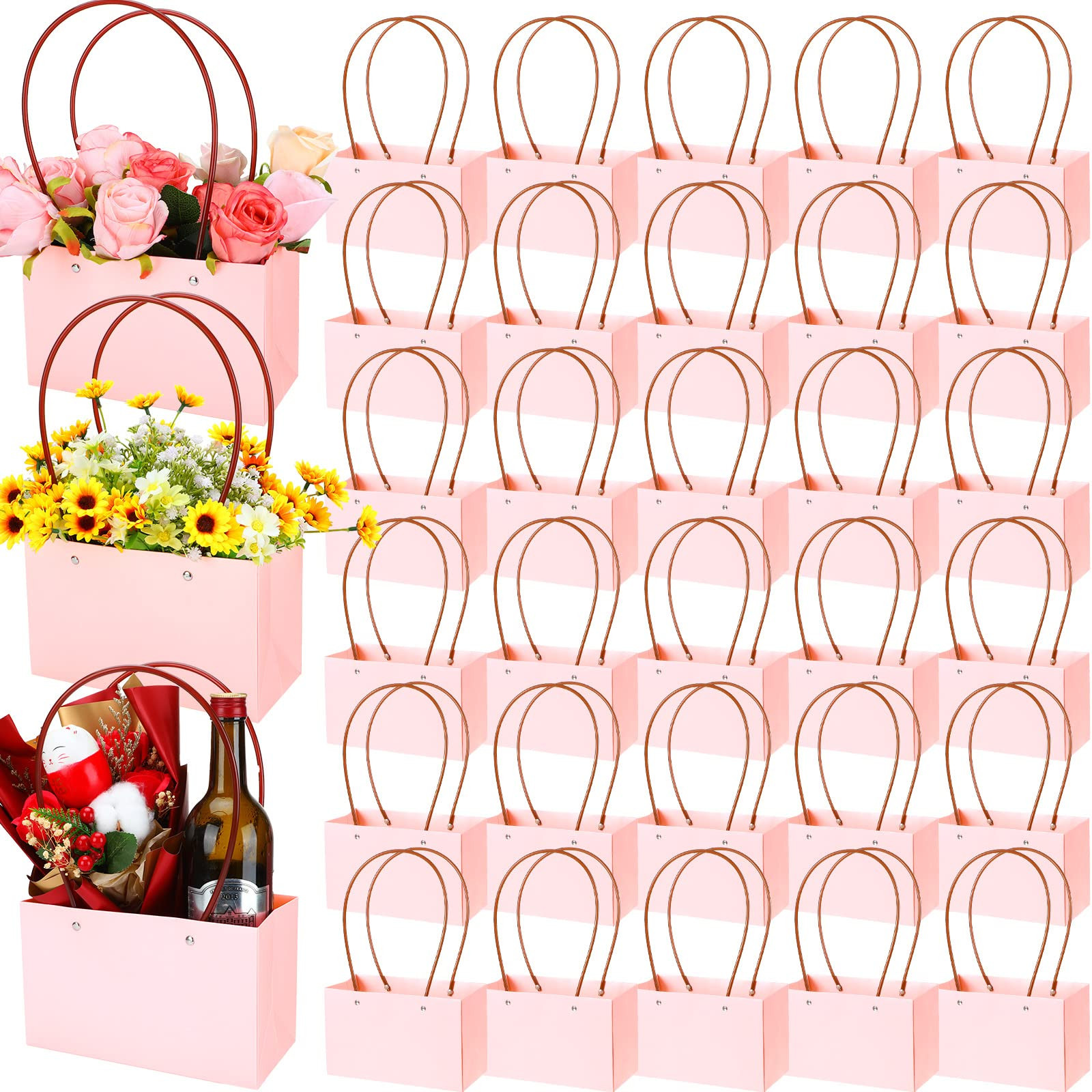 Geelin 30 Pcs Flower Gift Bags Paper Bouquet Bags Rectangle Flower Box for Arrangements Waterproof Bouquet Box with Handles Florist Supplies for Mothers Day Wedding(Pink, Classic) | Amazon (US)