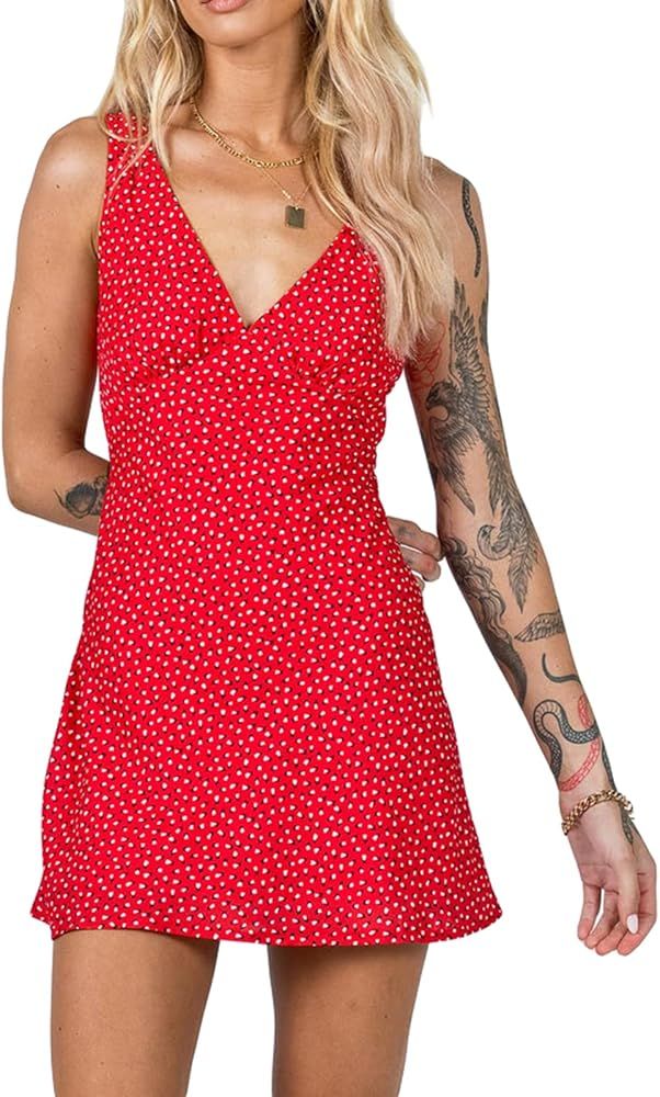 Women Floral Printing Sleeveless Mini Dress Off Shoulder Deep V Neck Slim Spaghetti Strap Bodycon... | Amazon (US)