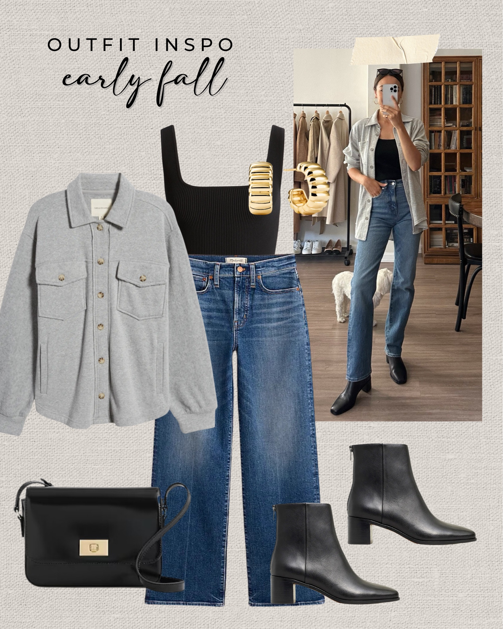 Early fall outfit inspo 

Gray shacket / black square neck top / blue wide leg jeans / black booties / black leather purse / gold earrings / casual 

#LTKStyleTip #LTKSeasonal
