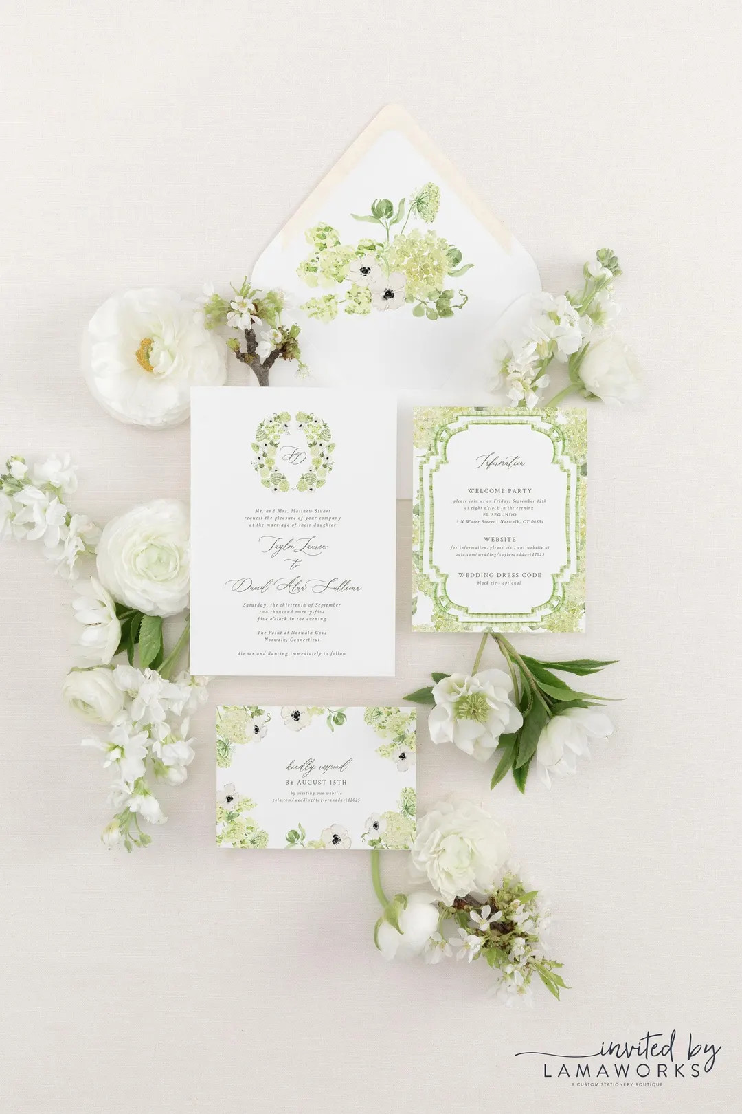 TAYLOR | Green Floral Wedding Invitation Set, White Hydrangea Elegant Wedding Invitations, Printe... | Etsy (US)