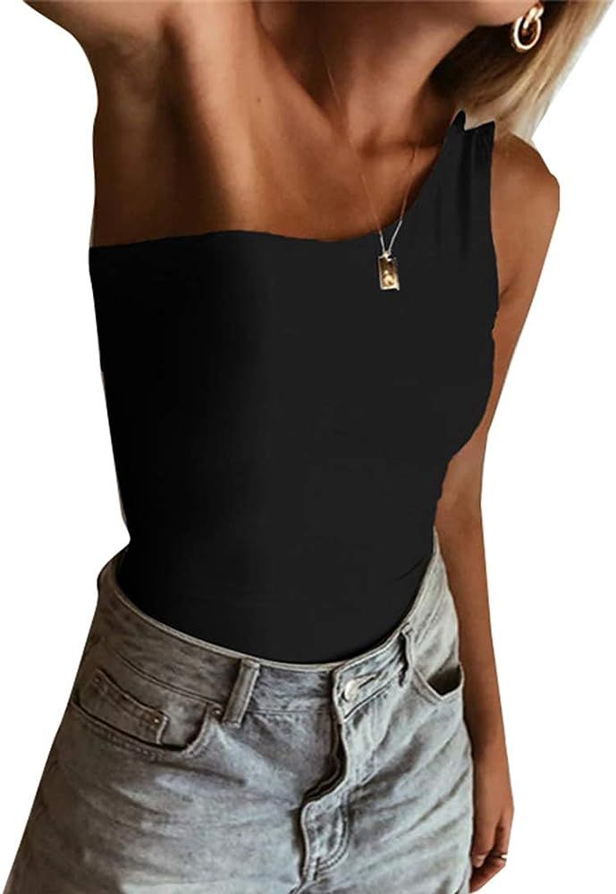 PRIMODA Women's Sexy One Shoulder Bodysuit Basic Sleeveless Summer Leotard Top | Amazon (US)