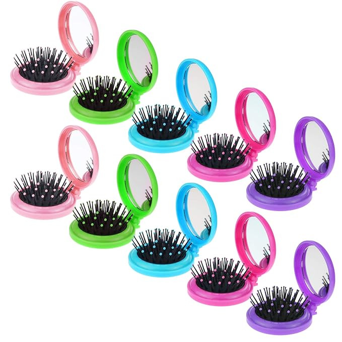 Heliltd 10pcs Folding Travel Mirror Hair Brushes Round Mirror Pocket Hair Brush Portable Mini Col... | Amazon (US)