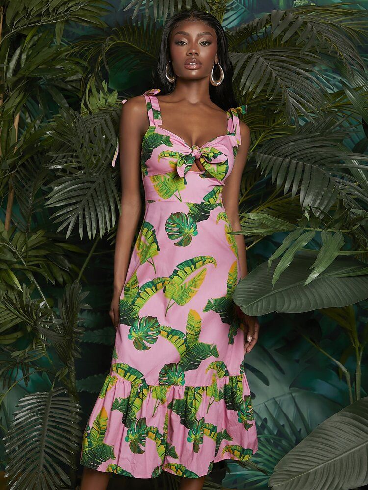 SHEIN NEWNESS Tropical Print Tie Front Ruffle Hem Cami Dress | SHEIN