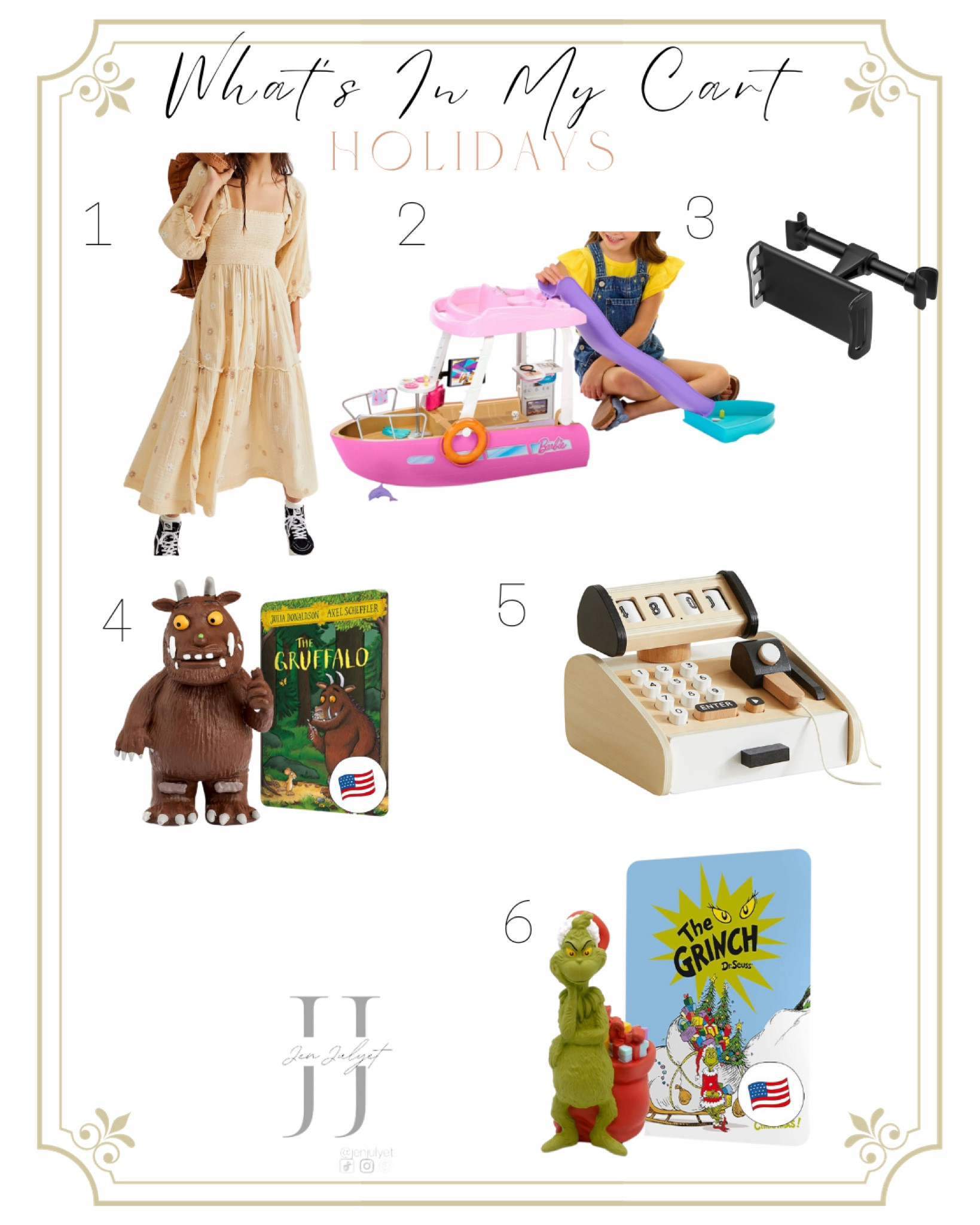 What’s in my cart:

1. So excited for this free people dress! Perfect for family pictures in the fall and spring

2. Target is having a toy sale so RUUUN you can get an additional discount on this Barbie dream boat 

3. Had to get this for long car rides to put on a movie on our phones 

4. The Gruffalo Tonie - such a cute story!

5. Getting this cash register for Christmas 

6. Had to get the Grinch Tonie as well 🙃

7. Also had to get a baby gate for our stairs!

Unbox shopping haul Amazon affordable Christmas presents ideas Sale 

#LTKHoliday 

#LTKSeasonal