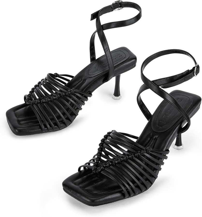 Women's Square Open Toe Strappy High-heeled Sandals Hollow Ribbon Woven High Heels Strap Sandals | Amazon (US)