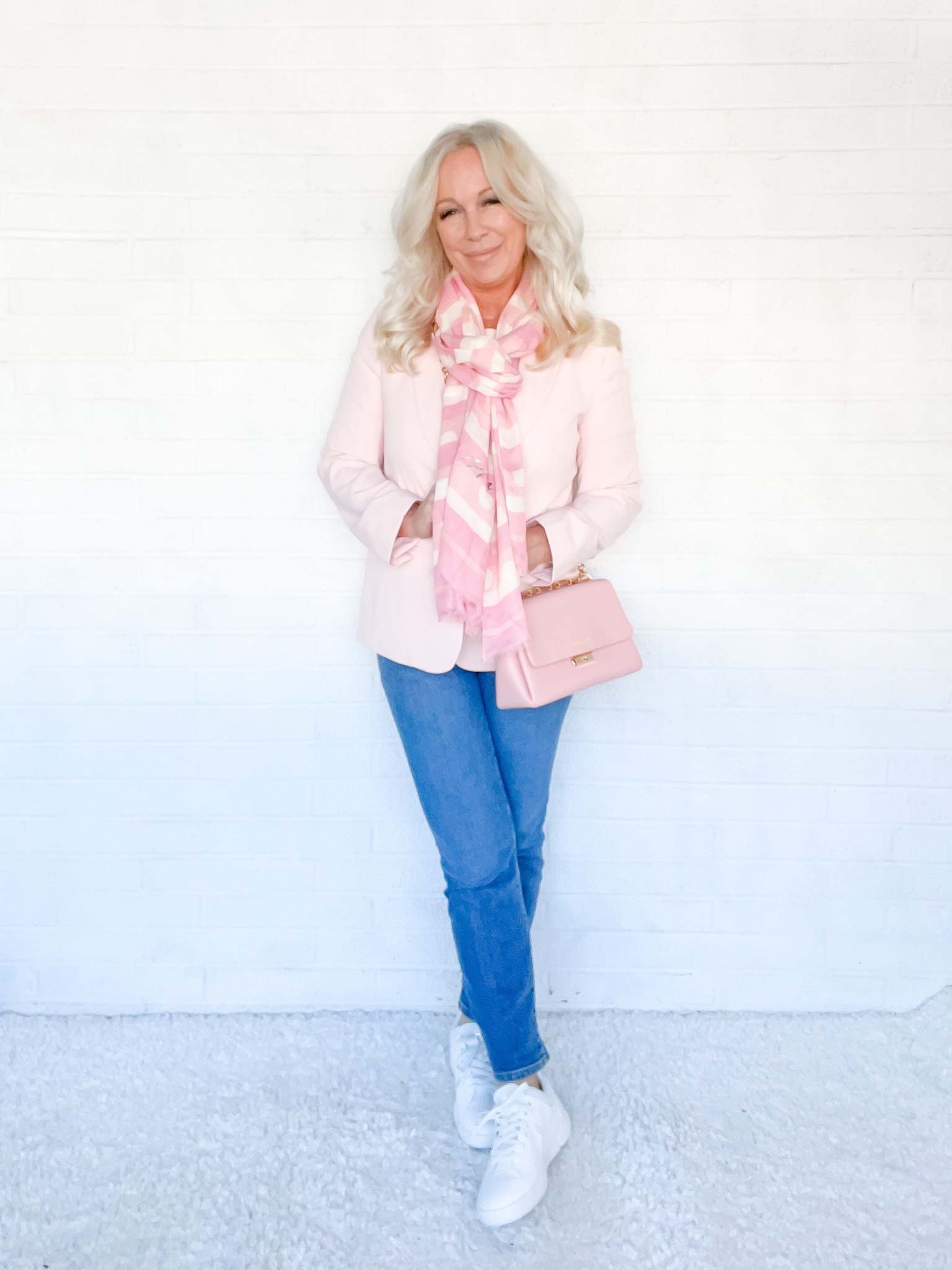 Happy VALentine’s Day! Here is a smart casual outfit consisting of a pale pink blazer, Kate Spade pink scarf, boyfriend jeans, Kate Spade bag, and On Running casual sneakers  

#LTKFind #LTKworkwear #LTKshoecrush