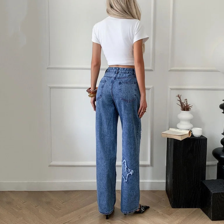 Miluxas Women's Star Patchwork Distressed Wide Leg Jeans Vintage High Waist Casual Y2K Denim Pant... | Walmart (US)