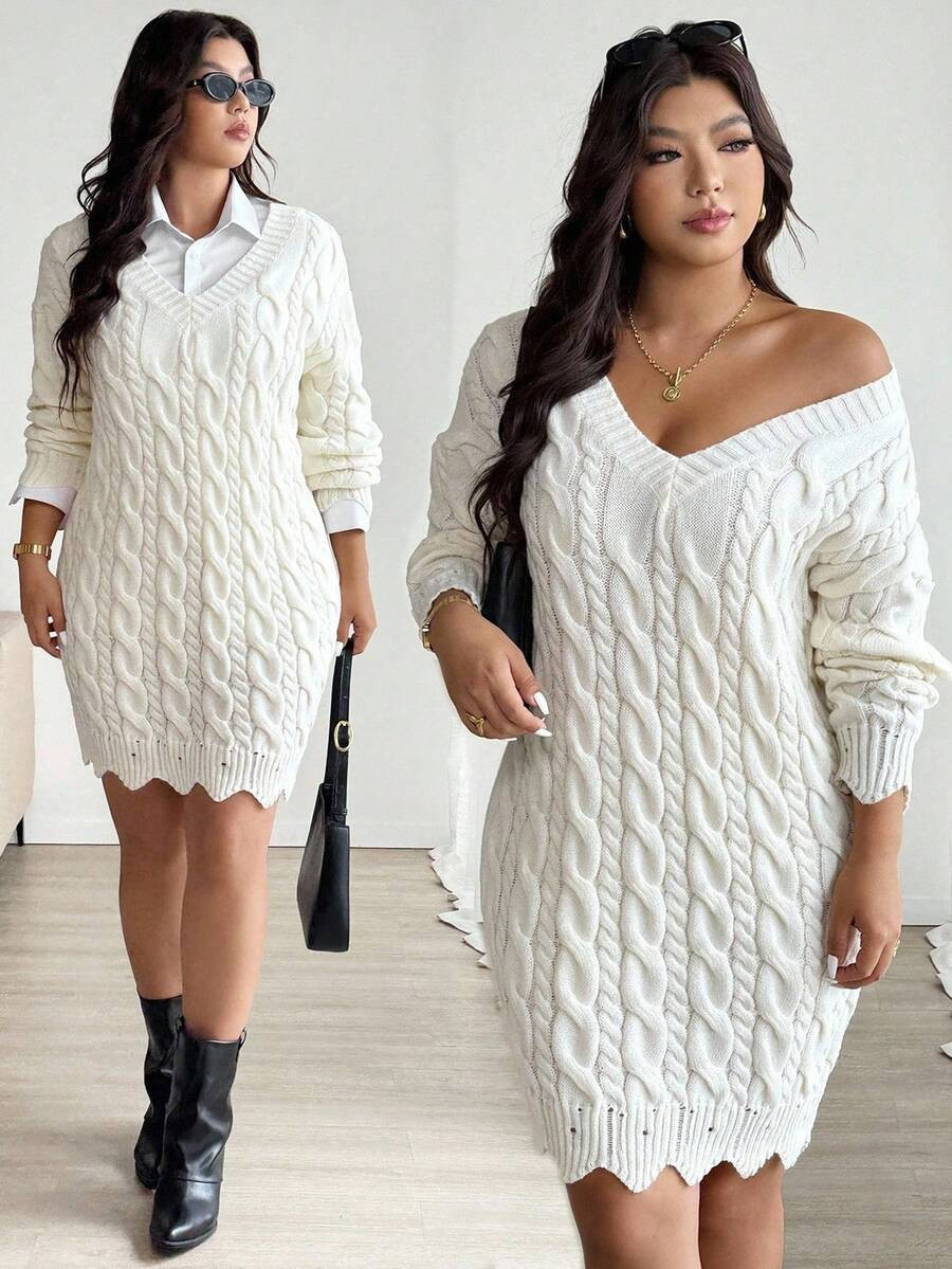 Vionelle Plus Size V-Neck Ruffle Hem Lace Knit Long Sleeve Sweater Dress, Casual Solid Color Warm... | SHEIN