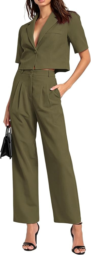 AGSEEM Womens Suits 2 Piece Set Business Short Sleeve Cropped Blazer and Wide Leg Pants Set Offic... | Amazon (US)