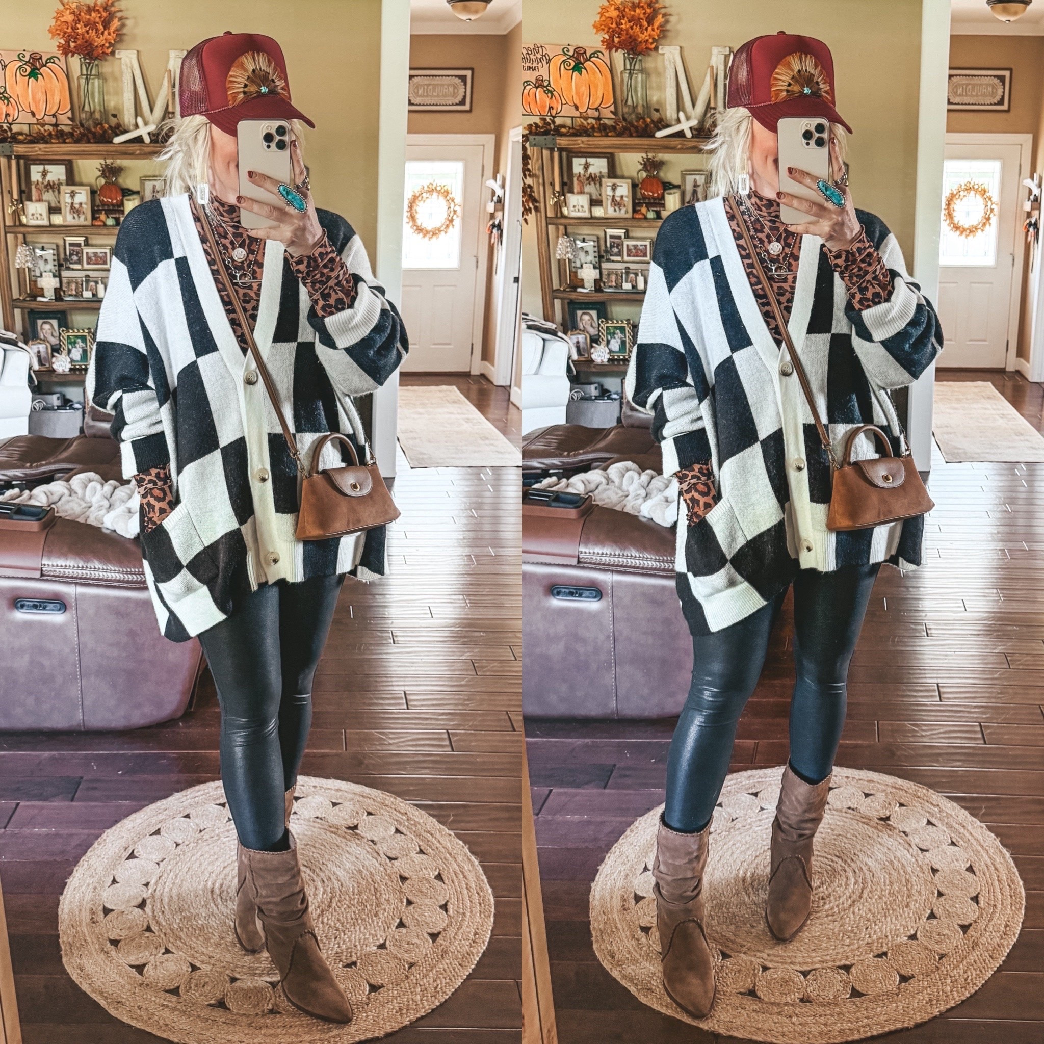 Leopard is fun with a lot of prints and colors! It’s a neutral and love it here with this black and white cardigan with a pop of color in my hat! 
Cardigan M
Mesh top M
Leggings M
Boots M
✨Save on Twisted Silver’s monthly box the twisted girls club with code MANDIE50 (can’t link here)