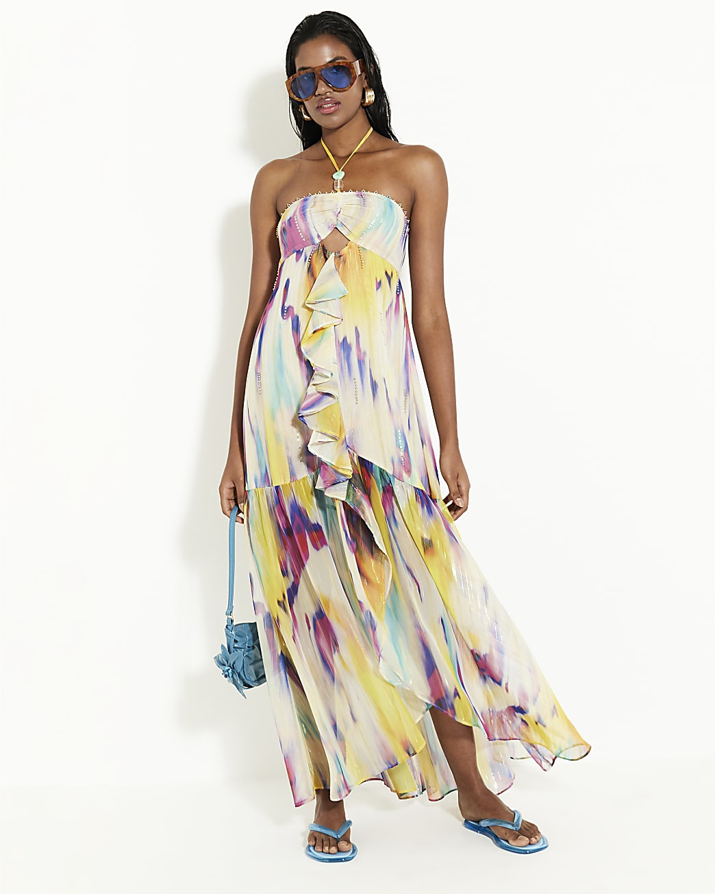 Purple Blurred Print Frill Maxi Dress | River Island UK & IE