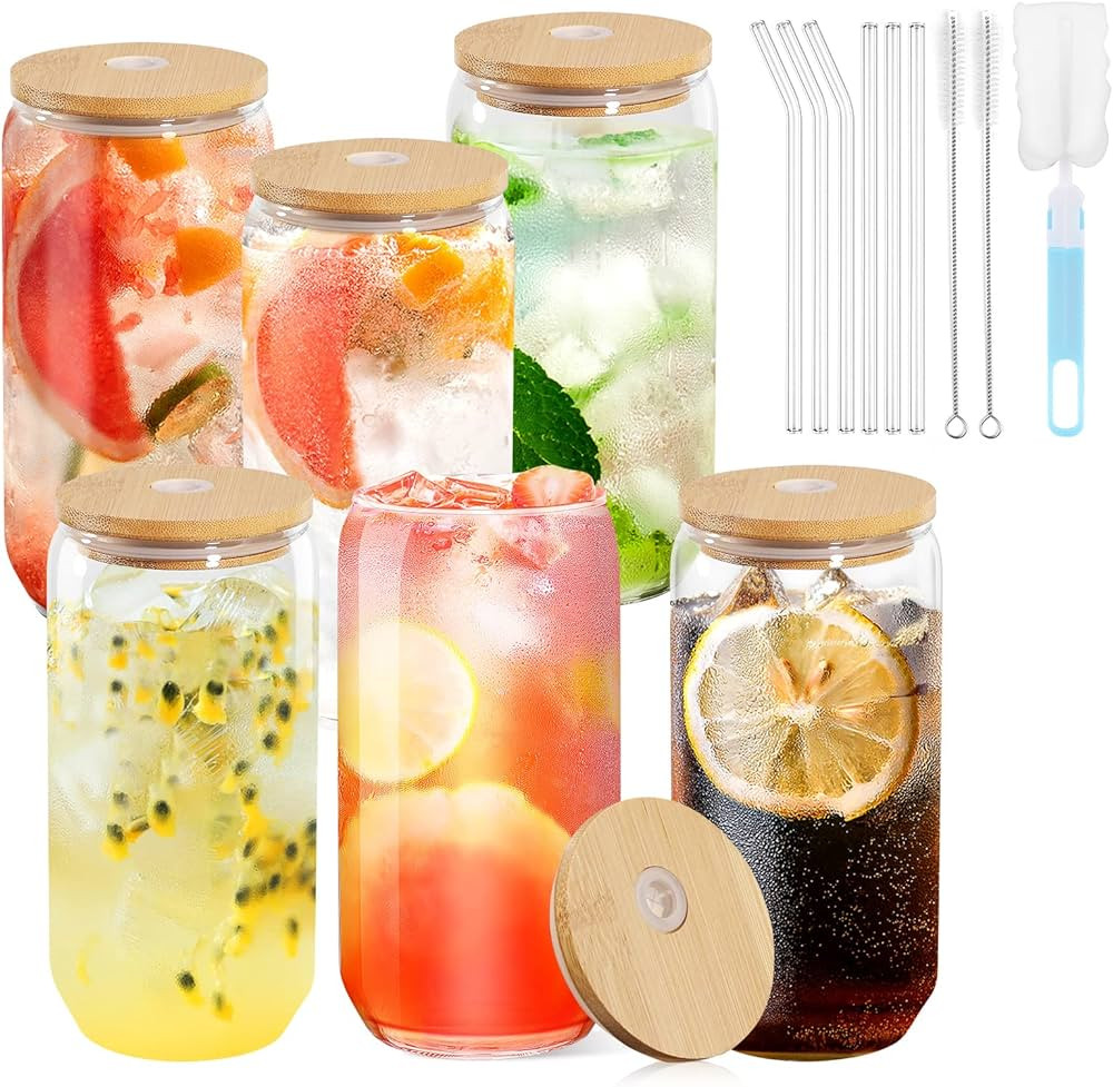 YLXIAOF Can Shaped Glass Cups With Glass Straw And Bamboo Lids 6pcs Set,16oz Cute Drinking Glasse... | Amazon (US)