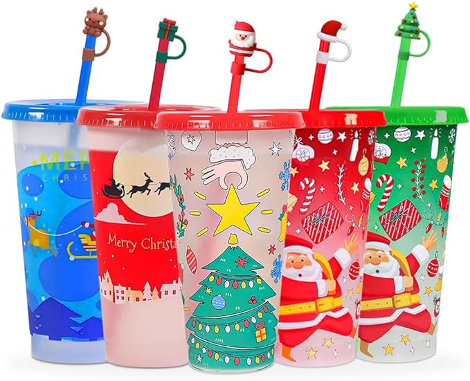 5 Pcs Christmas Color Changing Cups with Lids and Straws Bulk, 24 oz Christmas Cups Include Spill... | Amazon (US)