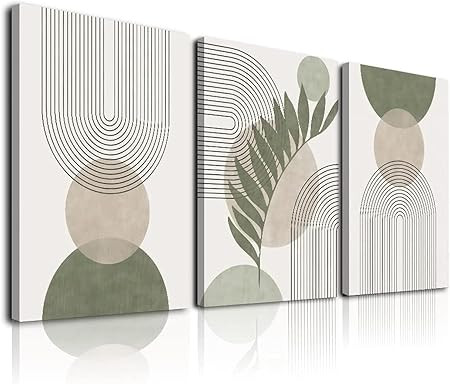 Sage Green Boho Wall Art Set of 3, Minimalist Framed Wall Art Geometric Line Leaf Sun Moon Beige ... | Amazon (US)