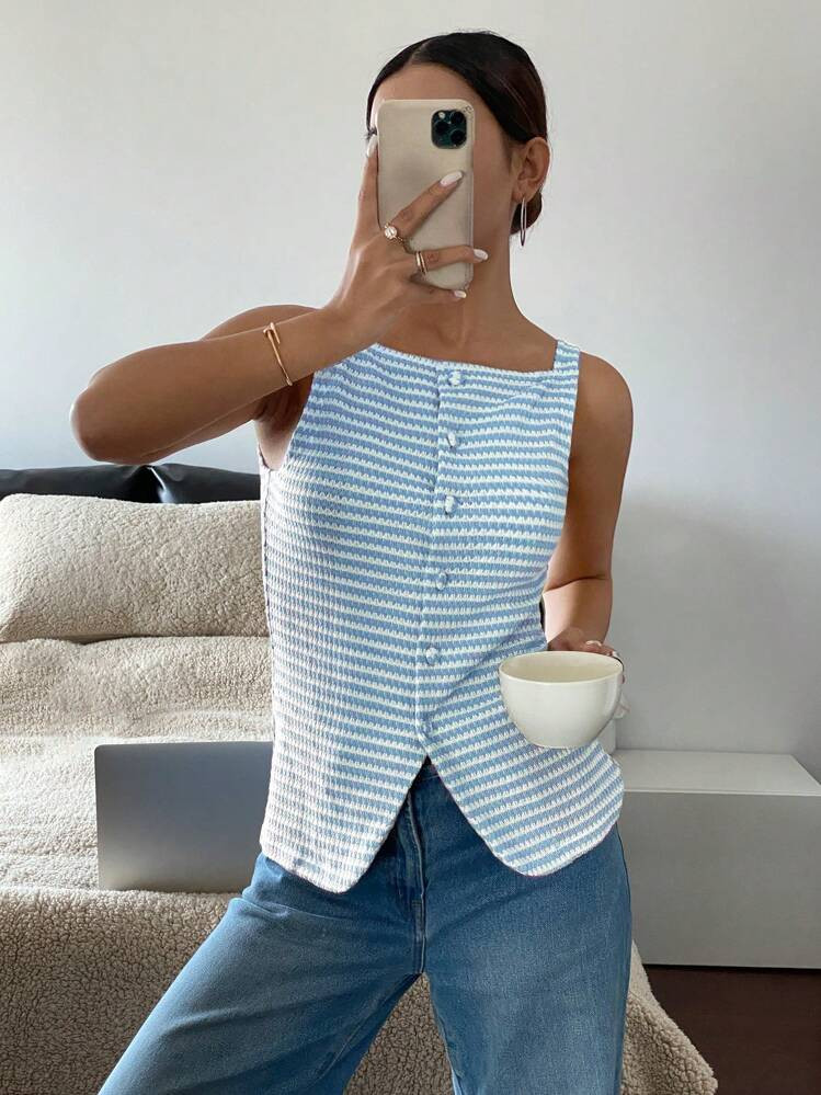 Siren Gaze Women's Casual/Commute Striped Front Button Sleeveless Shirt Summer | SHEIN