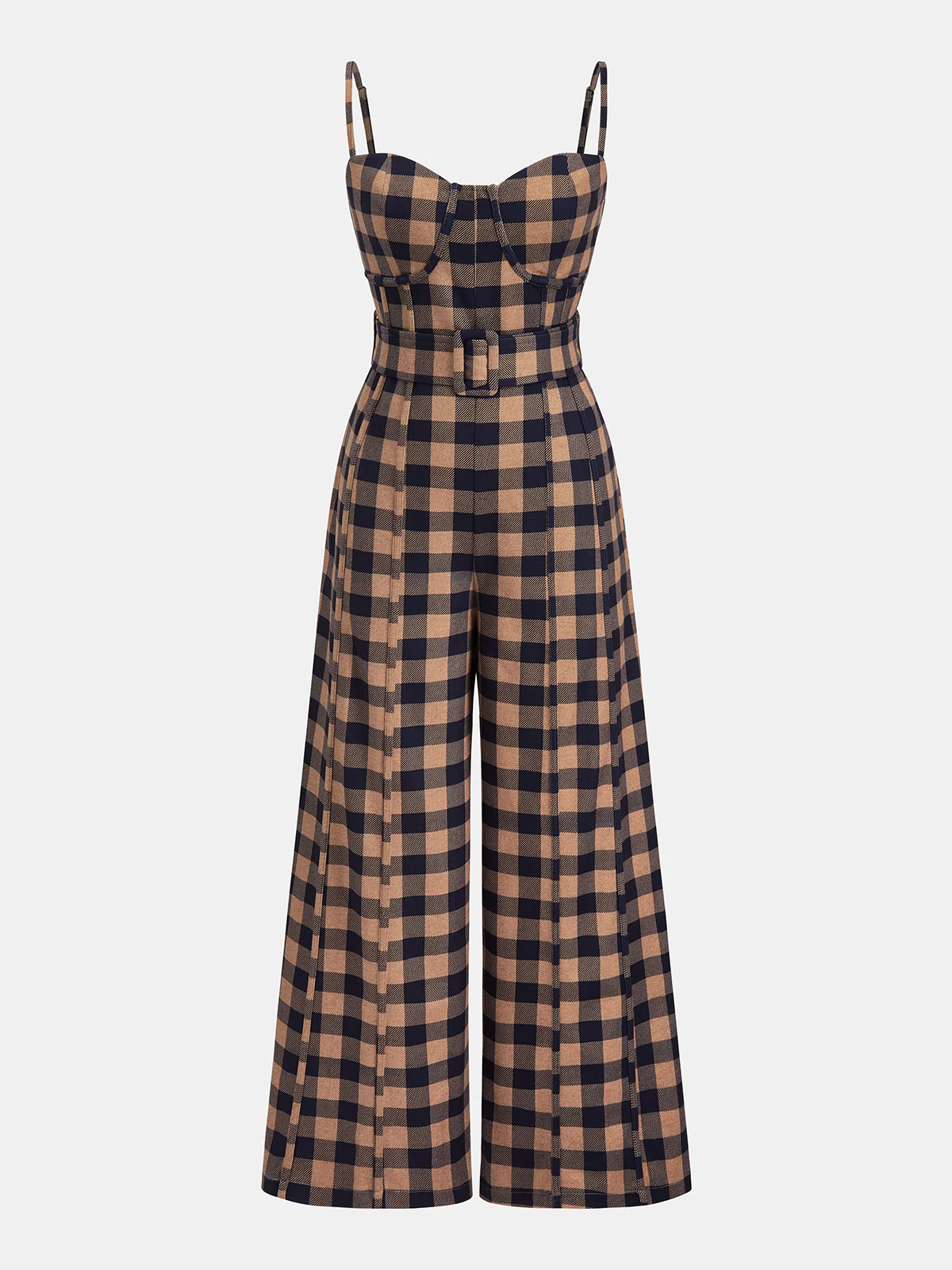 Plaid Belted Wide-Leg Cami Jumpsuit | Commense