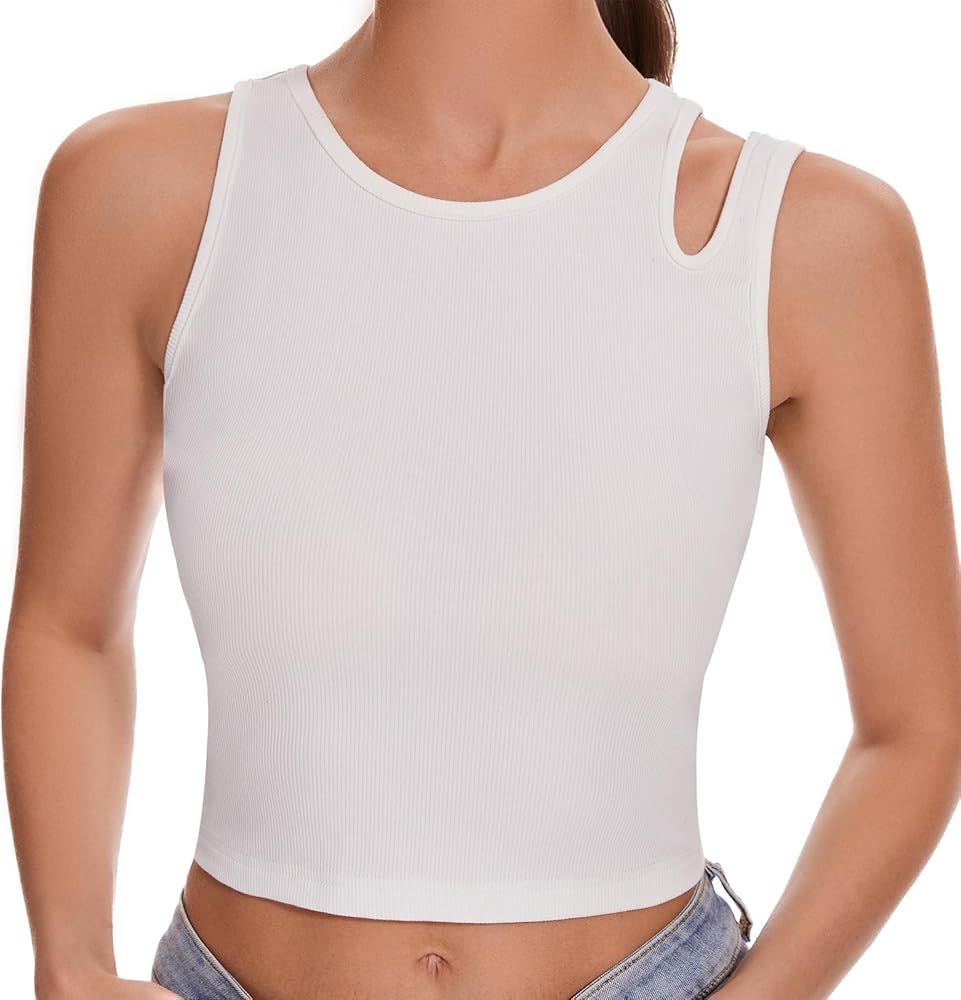 Womens Sleeveless Scoop Neck Casual Basic Cotton Ribbed Asymmetrical Shoulder Fitted Crop Top | Amazon (US)